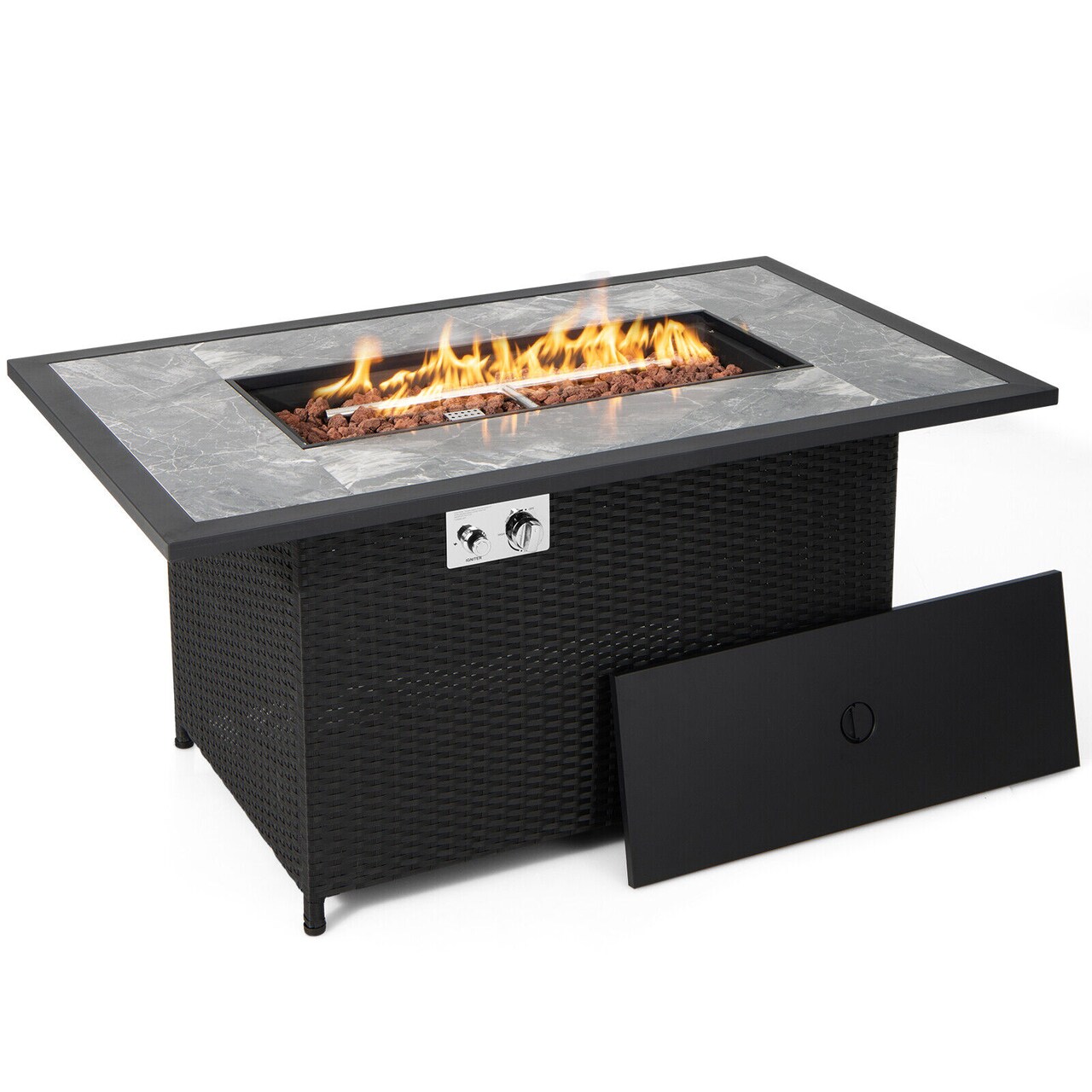 Black Outdoor Fire Pit Table 2-in-1 Coffee Table 50,000 BTU Marble Top Rattan